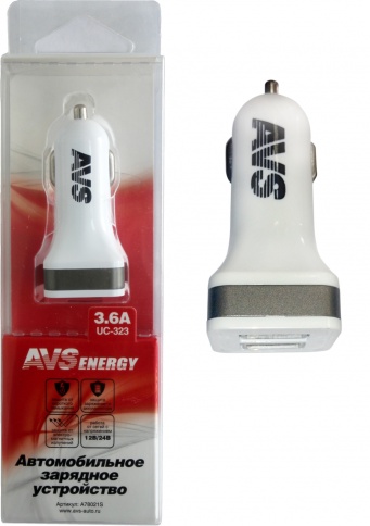 USB автомобильное зарядное устройство AVS 2 порта UC-323 (3,6А) фото 1