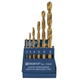 Набор спиральных сверл по металлу HSS TiN, d2.0-8.0 мм, 6 предметов, Thorvik TDBS6 (52478) в пластик