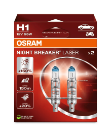 Автолампа галогенная H1 (55W P14.5s +150%) NIGHT BREAKER LASER (евробокс, 2шт) 3400K 12V OSRAM