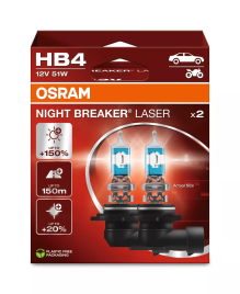 Автолампа галогенная HB4 (51W P22D5 +150%) NIGHT BREAKER LASER (евробокс, 2шт) 12V OSRAM