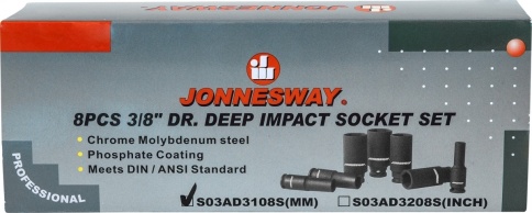 Набор ударных головок глубоких 3/8 DR, 10-19 мм, 8 шт., Jonnesway S03AD3108S фото 2
