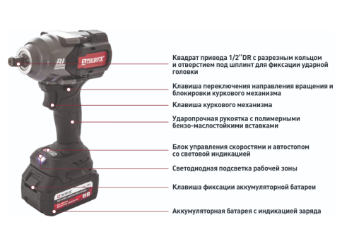 Гайковерт ударный аккумуляторный бесщёточный 1/2"DR, 21В, 1080 Нм, Thorvik BBIW121080 (53653) фото 4