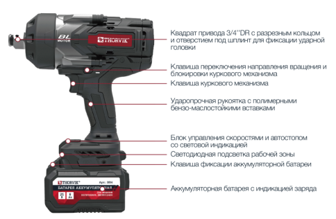 Гайковерт ударный аккумуляторный бесщёточный 3/4"DR, 21В, 2400 Нм, Thorvik BBIW342400 (53708) фото 5