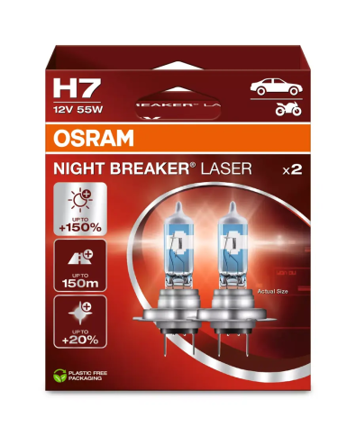Автолампа галогенная H7 (55W PX26D +150%) NIGHT BREAKER LASER (евробокс, 2шт) 12V OSRAM фото 1