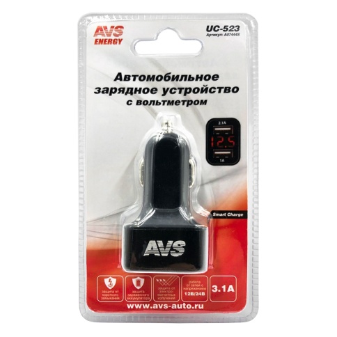 USB автомобильное зарядное устройство AVS 2 порта UC-523 (3А,черный) с вольтметром фото 1