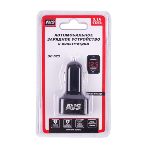 USB автомобильное зарядное устройство AVS 2 порта UC-523 (3А,черный) с вольтметром фото 3