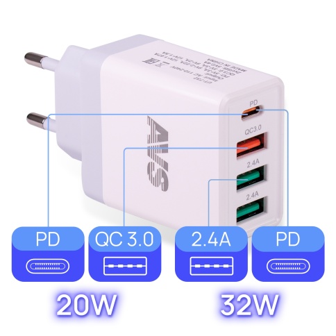 USB сетевое зарядное устройство AVS 4 порта UT-732  (QC 3.0, PD Type C, 3A ) фото 2