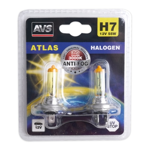 Галогенная лампа AVS /ATLAS ANTI-FOG/желтый H7,12V.55W.блистер 2шт. фото 1