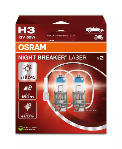 Автолампа галогенная H3 (55W PK22s +150%) NIGHT BREAKER LASER (евробокс, 2шт) 12V OSRAM фото 1
