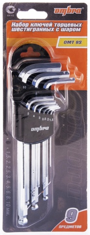 Набор шестигранных ключей с шаром H1,5-H10 мм (9 шт) Ombra OMT9S фото 2