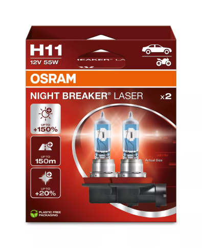 Автолампа галогенная H11 (55W PGJ192 +150%) NIGHT BREAKER LASER (евробокс, 2шт) 3200 K 12V OSRAM фото 1