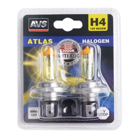 Галогенная лампа AVS /ATLAS ANTI-FOG/желтый H4.12V.60/55W.блистер 2шт. фото 1