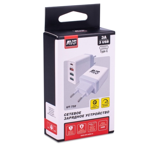 USB сетевое зарядное устройство AVS 4 порта UT-732  (QC 3.0, PD Type C, 3A ) фото 7