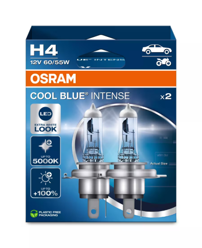 Автолампа галогенная H4 (60/55W P43T +100%) COOL BLUE INTENSE (евробокс, 2шт) 5000K 12V OSRAM фото 1