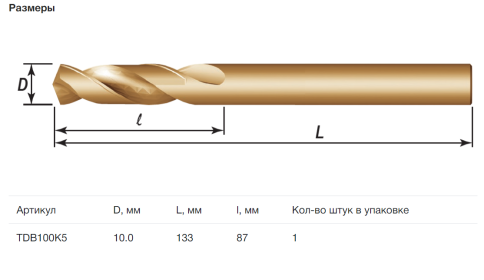 Сверло спиральное по металлу HSS Co в ПВХ упаковке, d10.0 мм, Thorvik TDB100K5 (52471) фото 3