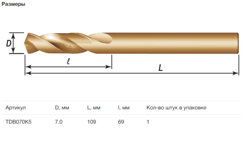 Сверло спиральное по металлу HSS Co в ПВХ упаковке, d7.0 мм, Thorvik TDB070K5 (52465) фото 3