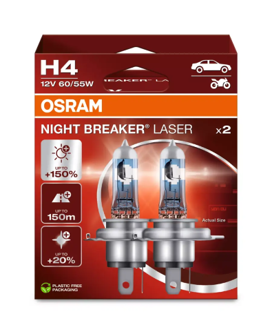 Автолампа галогенная H4 (60/55W P43T +150%) NIGHT BREAKER LASER (евробокс, 2шт) 3900K 12V OSRAM фото 1