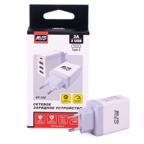 USB сетевое зарядное устройство AVS 4 порта UT-732  (QC 3.0, PD Type C, 3A ) фото 6