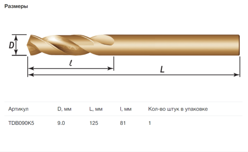 Сверло спиральное по металлу HSS Co в ПВХ упаковке, d9.0 мм, Thorvik TDB090K5 (52469) фото 3