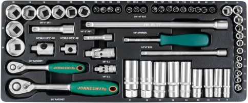 Набор головок 1/4 DR, 3/8 DR, 4-24 мм, 56 предметов, Jonnesway S04H3157S фото 2
