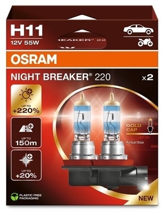 Автолампа галогенная H11 (55W PGJ192 +220%) NIGHT BREAKER (блистер 2шт) 12V OSRAM фото 1
