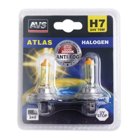 Галогенная лампа AVS /ATLAS ANTI-FOG/желтый H7. 24V.70W.блистер 2шт. фото 1