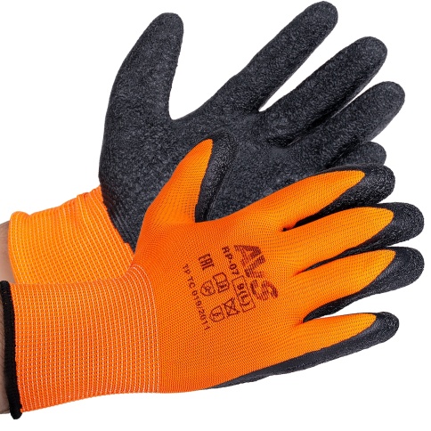 Перчатки нейлоновые с ребристым латексным покрытием (оранжево-черные) 1 пара AVS RP-07 фото 2
