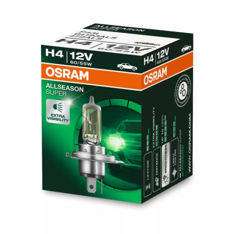 Автолампа галогенная H4 (60/55W P43T5 +30%) ALLSEASON (евробокс, 2шт) 12V OSRAM фото 1