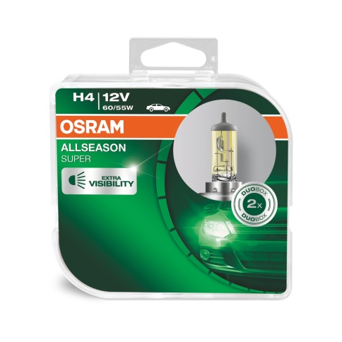 Автолампа галогенная H4 (60/55W P43T5 +30%) ALLSEASON (евробокс, 2шт) 12V OSRAM фото 1